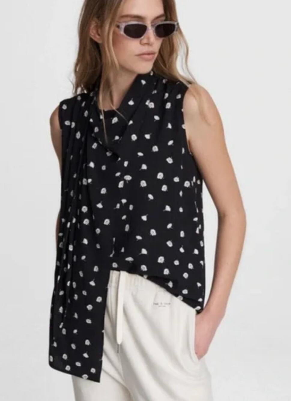 Rag & Bone Halle Floral Print Sleeveless Wrap Top In Black Floral XS Scarf Neck